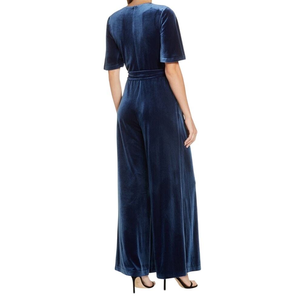 Eliza J wide leg faux wrap velvet Jumpsuit blue size 2 - Picture 7 of 7